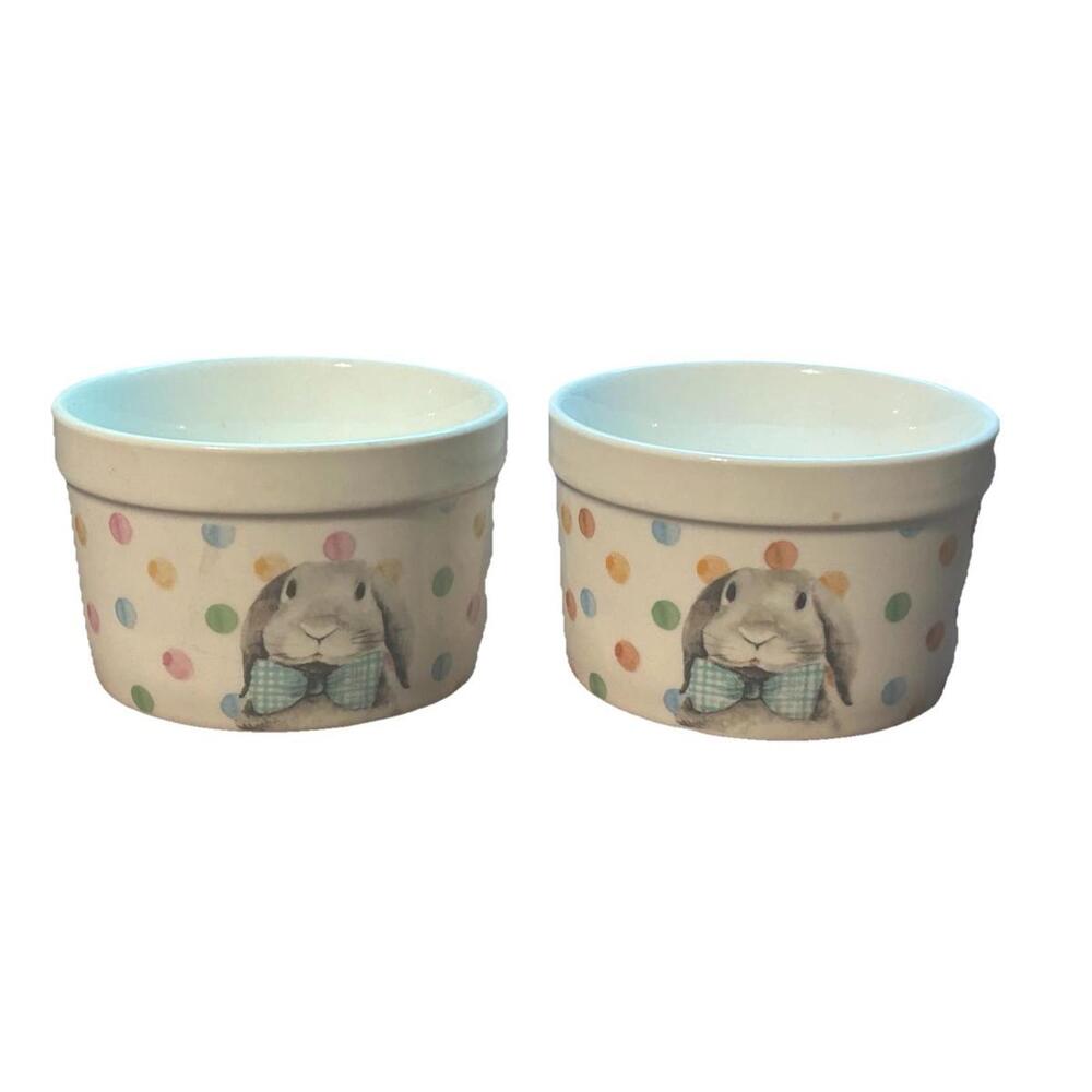 Ciroa Easter Parade Bunny Ramekin Bow Tie Polka Dot Dish Set of 2 Stoneware